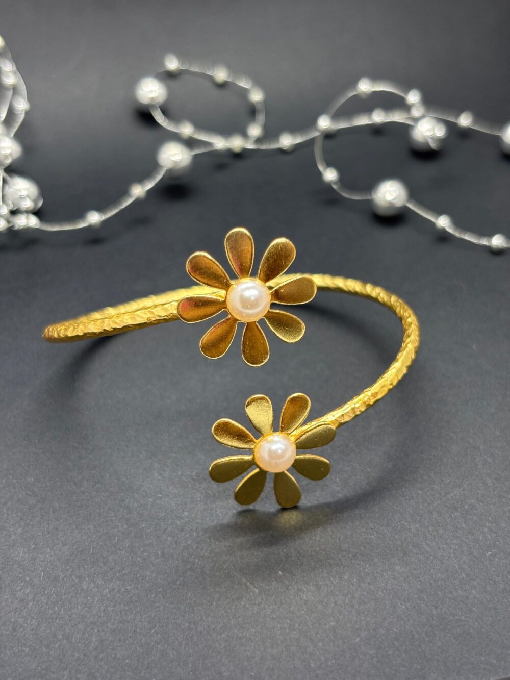 Delicate pearl flora brass kada